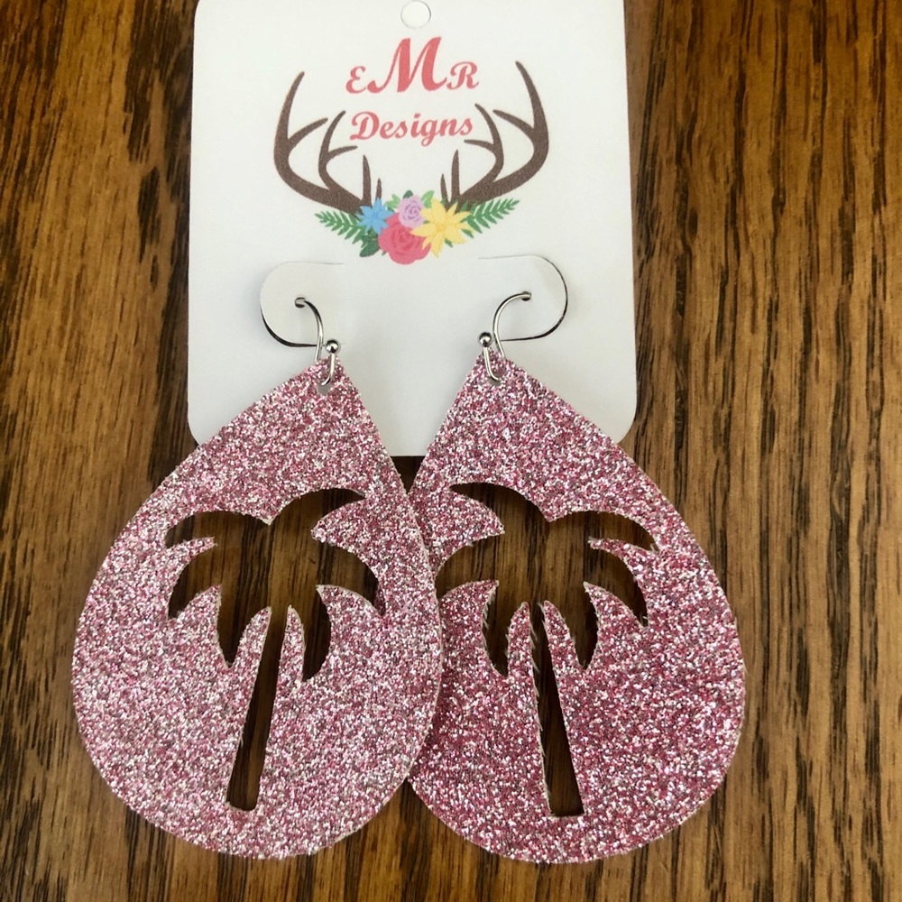 Pink Glitter Palm Tree Large Earrings